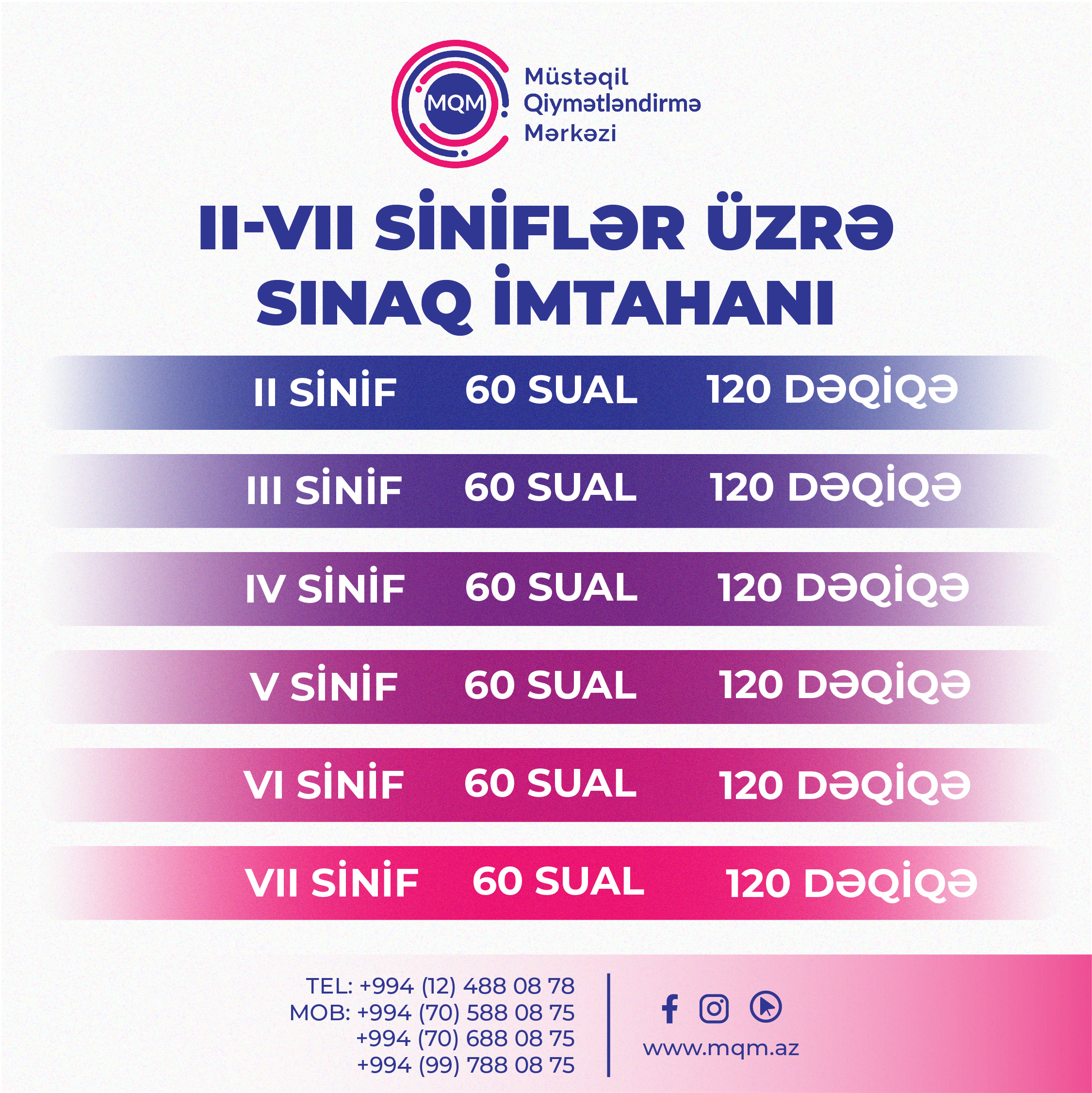 20 noyabr II-Vll-ci siniflər üzrə sınaq imtahanının tərkibi 